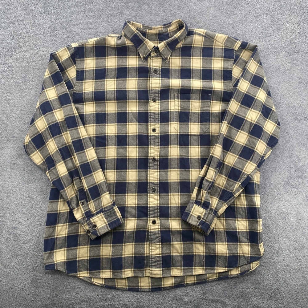 Eddie Bauer Flannel Shirt Mens XXL Blue Tan Plaid Button Down Long Sleeve